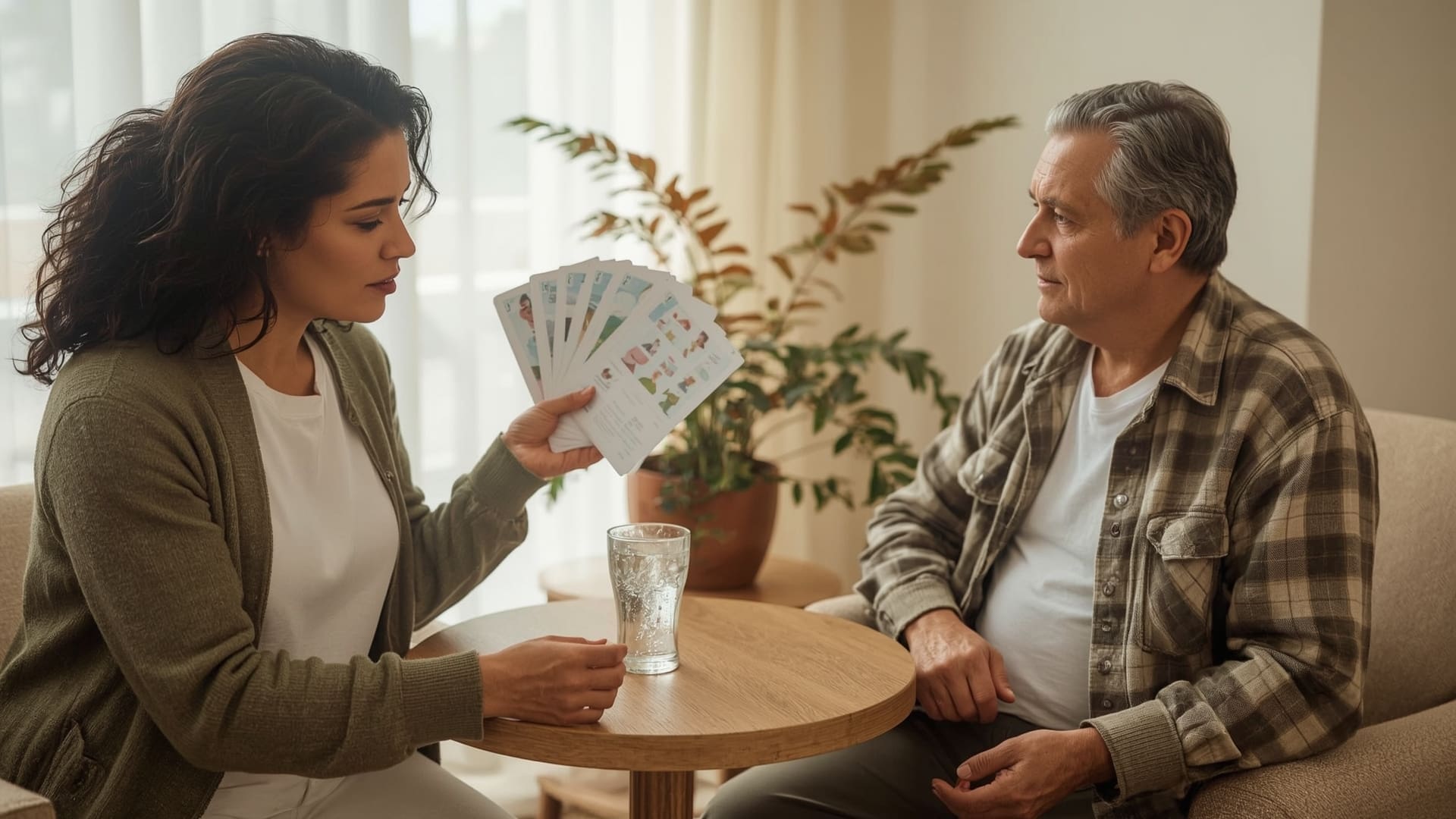 BCBA working with an elderly patient using activity cards in an assisted living facility