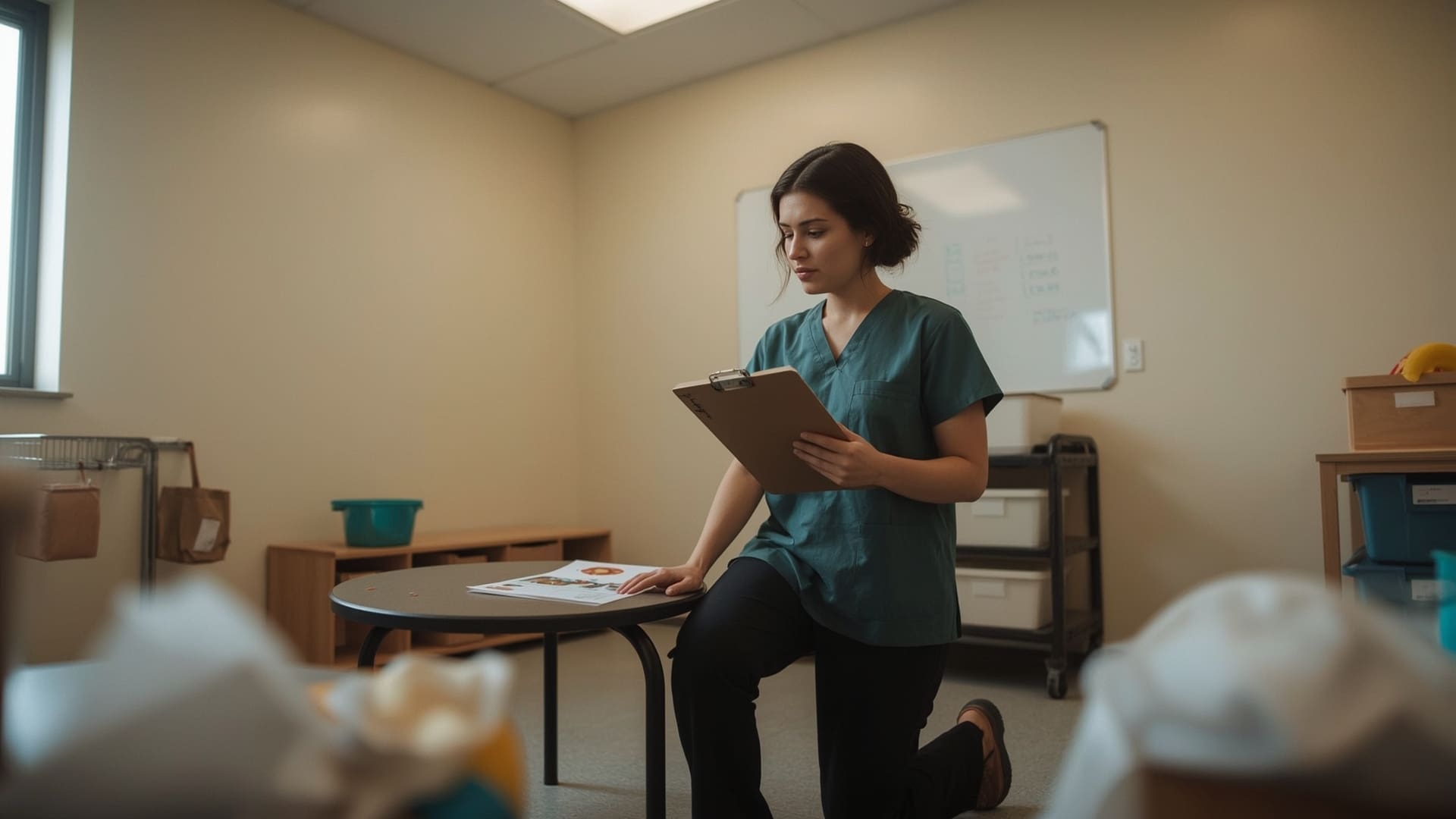 ABA therapist collecting behavioral data during pediatric fieldwork supervision session