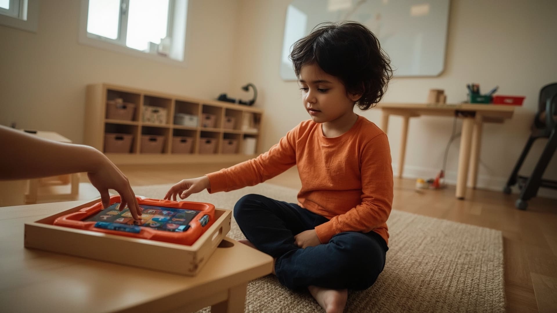 Child with autism using AAC tablet device during speech therapy communication session