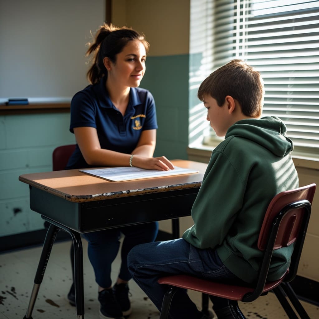 A special education classroom aide helping a nonspeaking teenage student use a communication device at a desk..