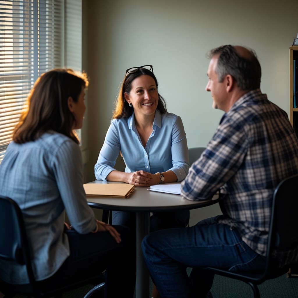 Parents reviewing an IEP document with a school counselor at a small office table.