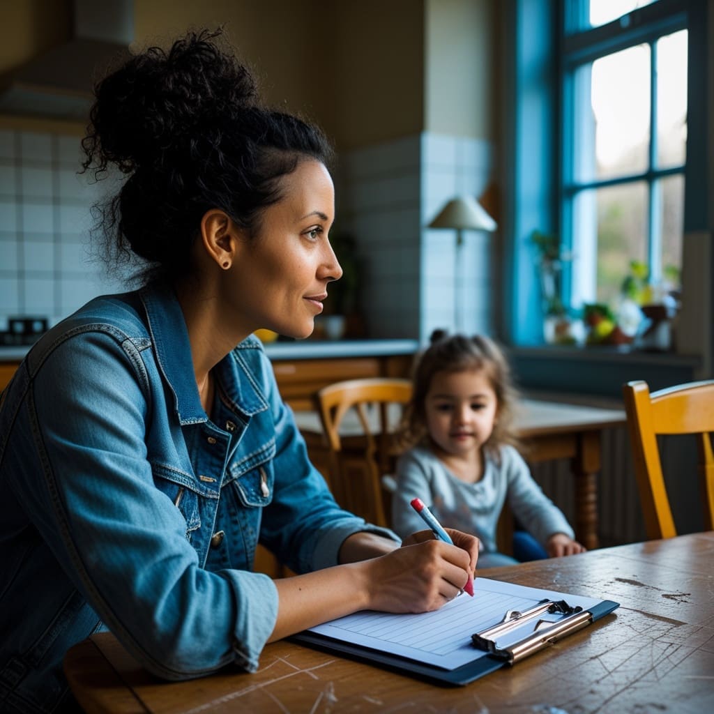 A parent filling out a paper questionnaire at home while their child plays nearby, representing the developmental history intake step.