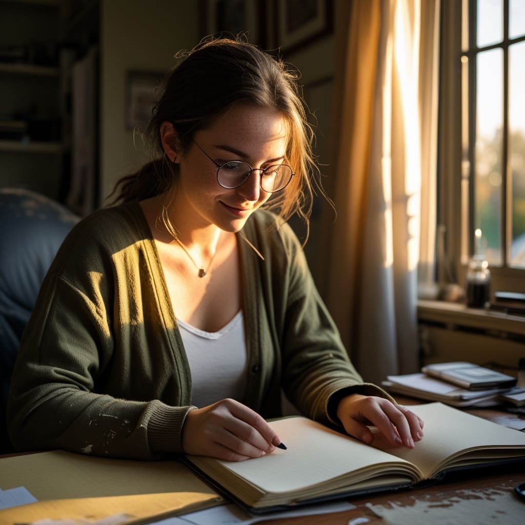 An adult engaged in a focused solitary hobby at home, showing concentration and a calm routine-based environment.