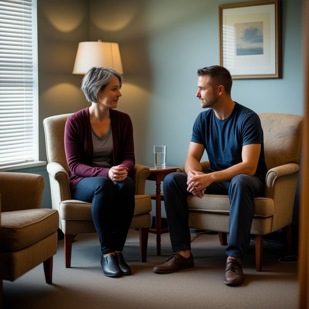 A therapy or counseling session showing a calm, supportive conversation between a clinician and an adult client.