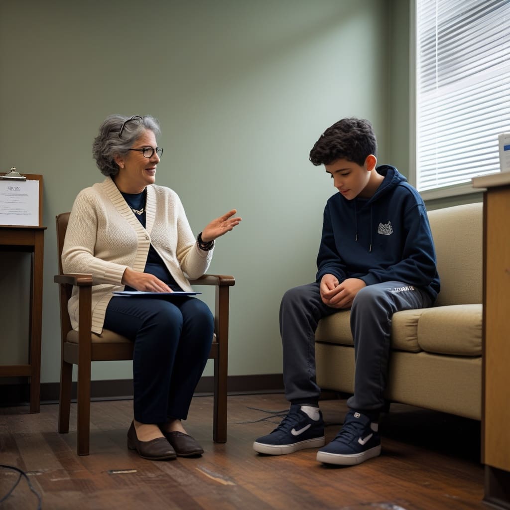 A therapist and a teenage client sitting across from each other during a diagnostic conversation in a clinic office.
