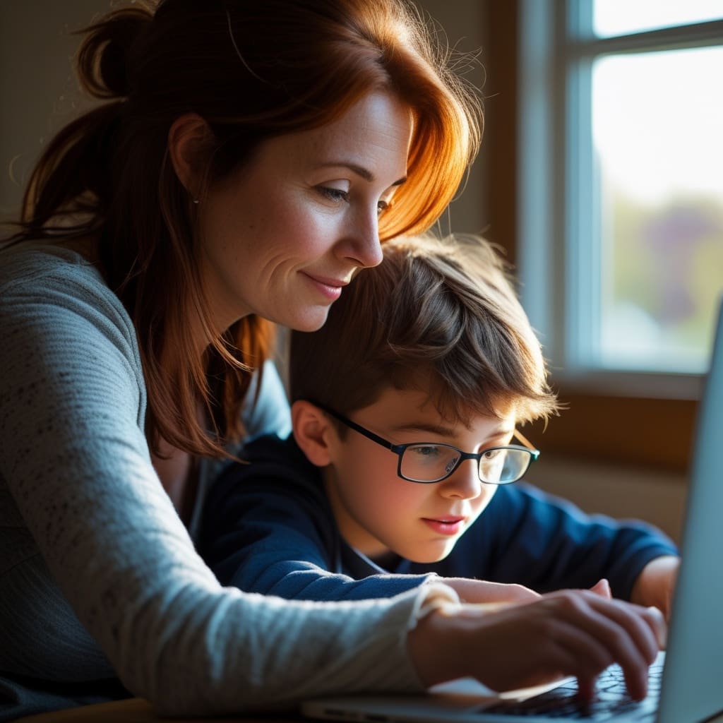 A close-up of a parent and child looking at a laptop screen together at home while researching autism resources..