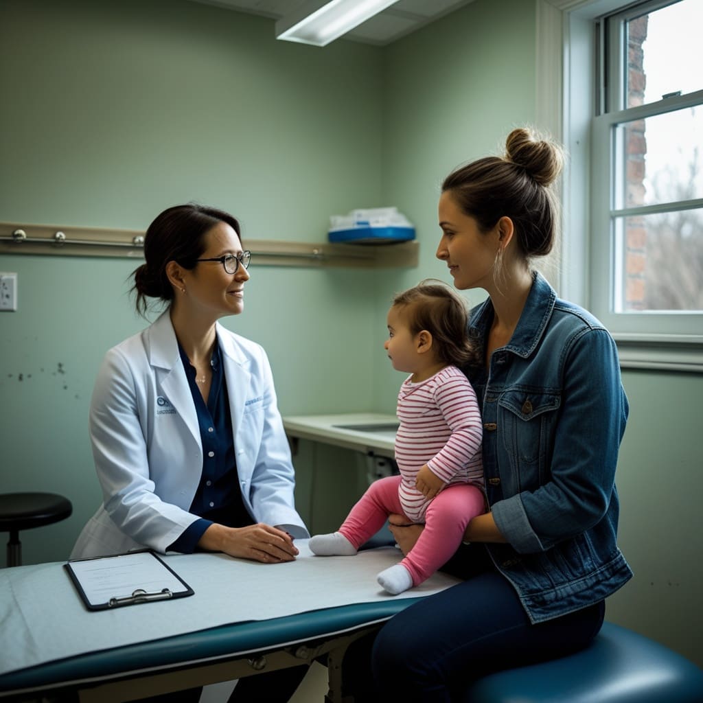 A pediatrician performing a gentle developmental screening interaction with a toddler in a clinic setting.
