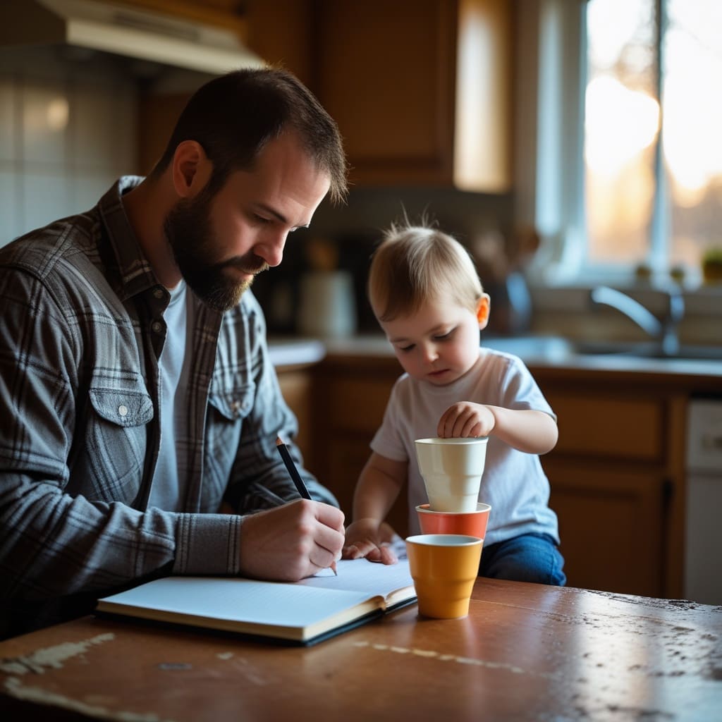 A parent writing observation notes at home while a toddler plays nearby, illustrating the step of documenting behaviors before a doctor visit.
