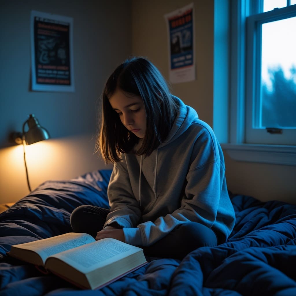 A tween girl sitting on the edge of her bed at home, looking tired after a school day, phone face-down beside her.
