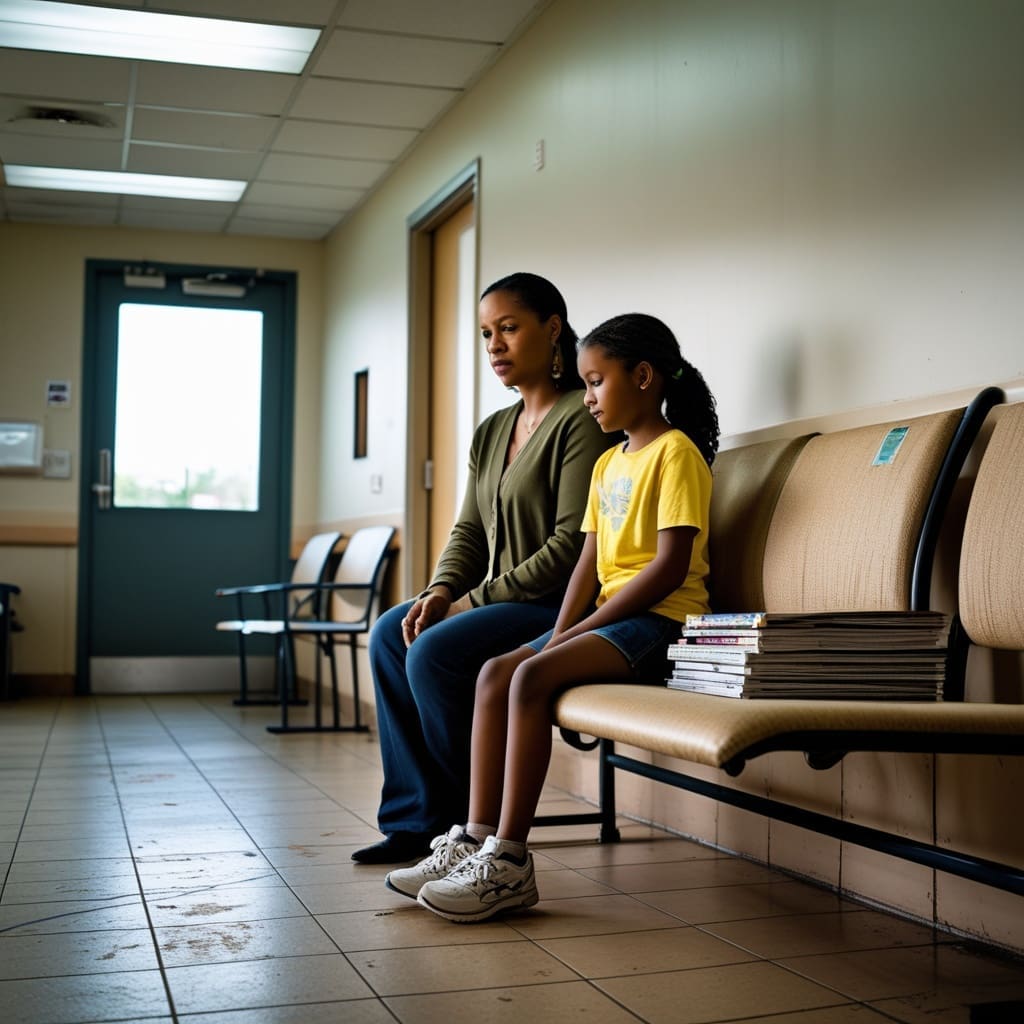 A mother and daughter sitting together in a clinic waiting room before an evaluation appointment.
