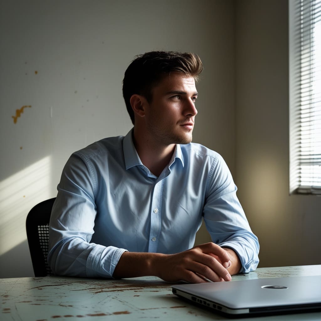 A man in a business setting appearing composed in a meeting but visibly tense underneath.