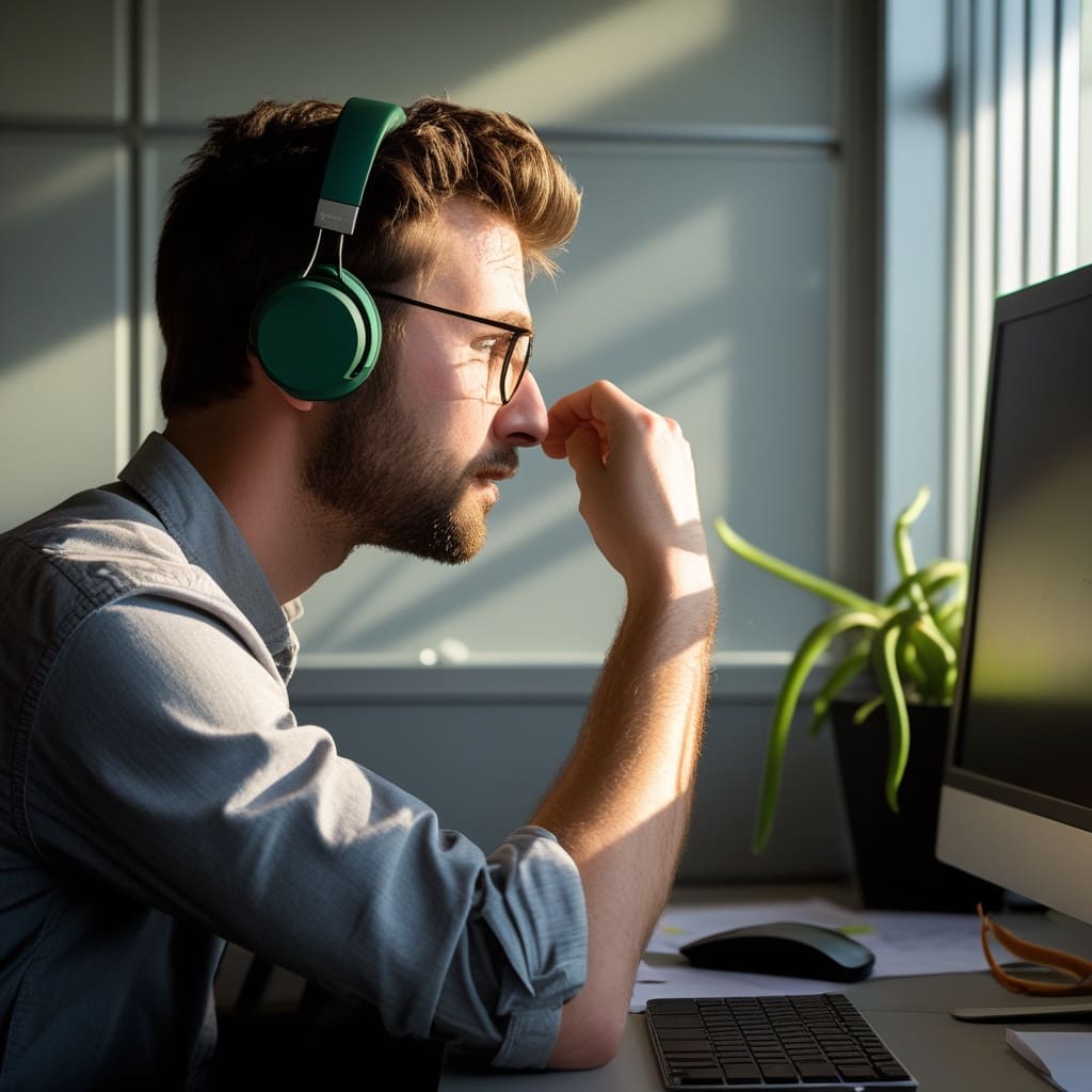 An adult in a workplace setting using noise-canceling headphones as an accommodation for sensory sensitivity..