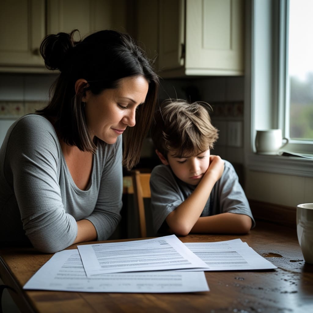 A parent and child reviewing an Individualized Education Program document together at home, representing school-based support planning..