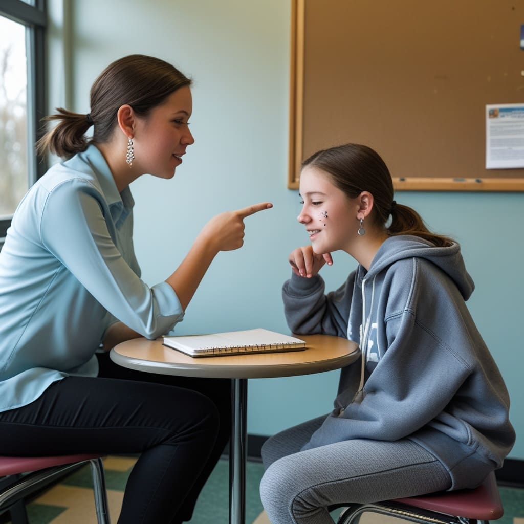 A speech therapist and a teenage client sitting across a small table in a bright clinic room, mid-conversation.