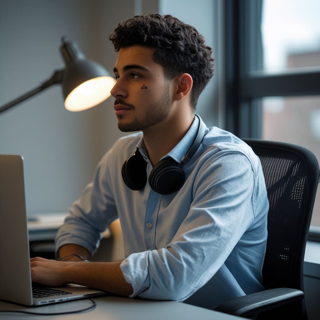 A young adult man sitting alone at a desk in an open office, looking toward a window, wearing noise-canceling headphones around his neck.
