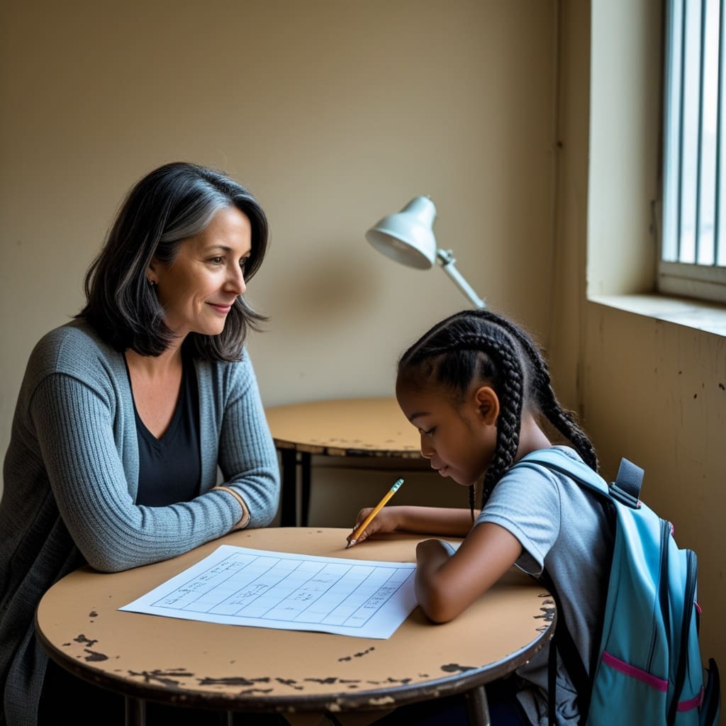 A school psychologist or counselor sitting across a small table from a child during an evaluation session.