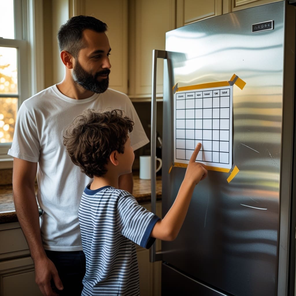 A parent and child looking at a visual schedule chart taped to a refrigerator at home.