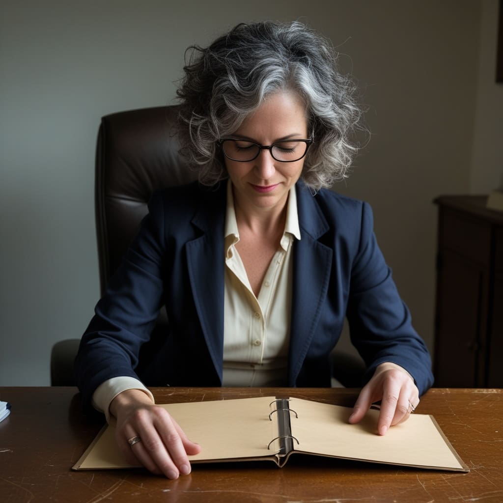 A psychologist reviewing intake paperwork before an adult client's first evaluation session..