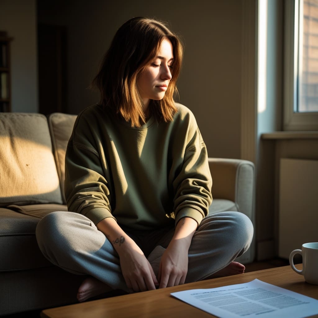 An adult woman reviewing a diagnostic report at home after completing her autism assessment..