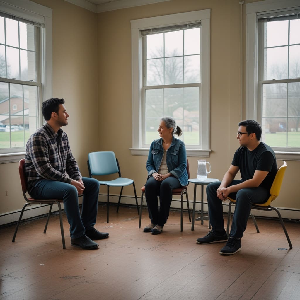 A support group setting for autistic adults meeting in a community space.