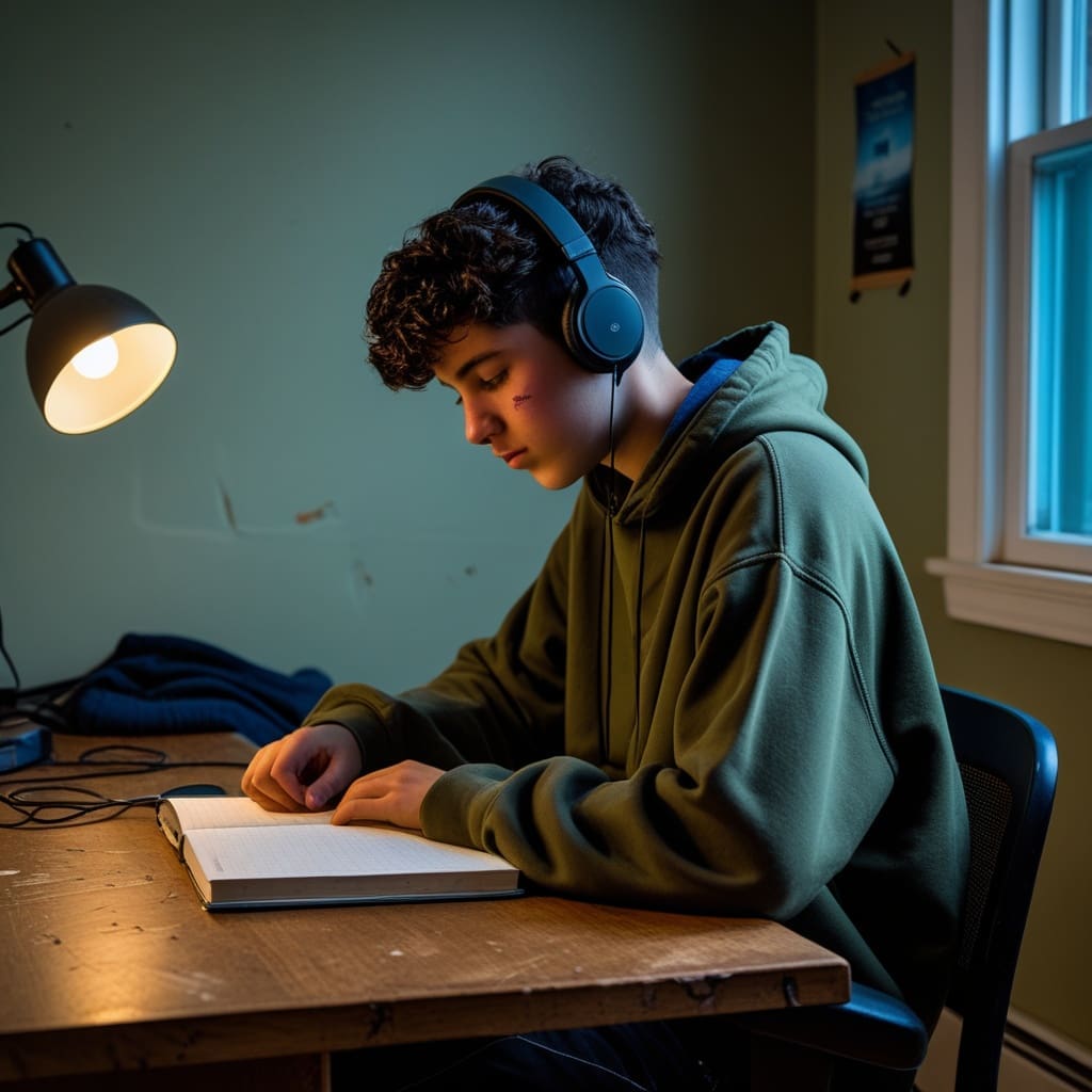 A teenage boy at his bedroom desk wearing headphones, surrounded by a calm, minimally cluttered sensory-friendly setup, representing home accommodations..