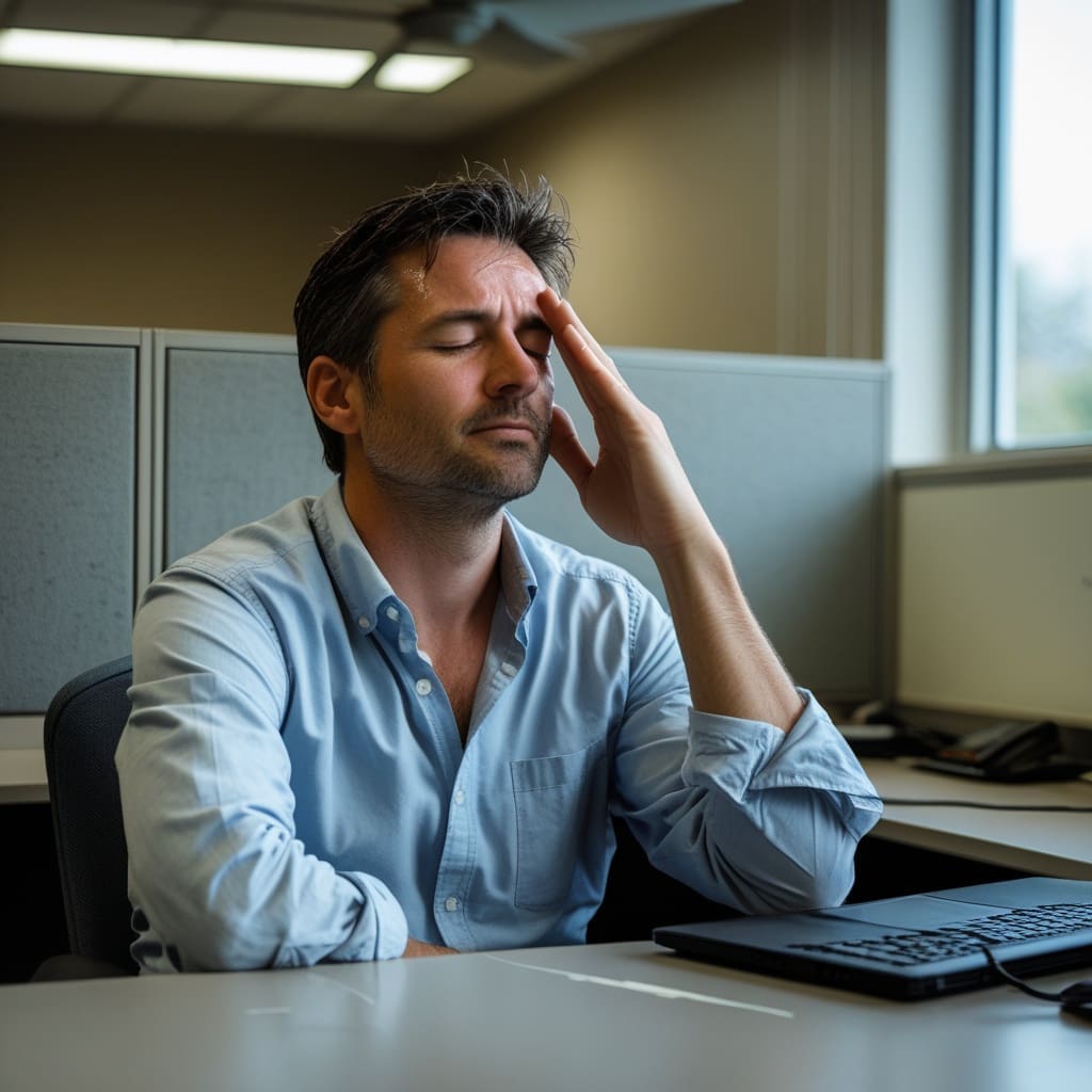 A person at a desk overwhelmed by sensory input from office lighting and noise.
