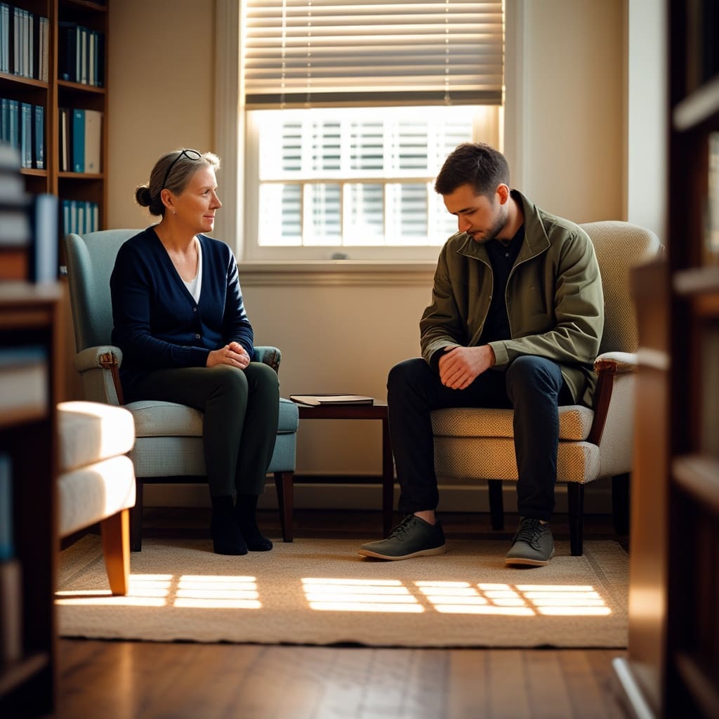 A therapist and adult client in a diagnostic consultation setting.