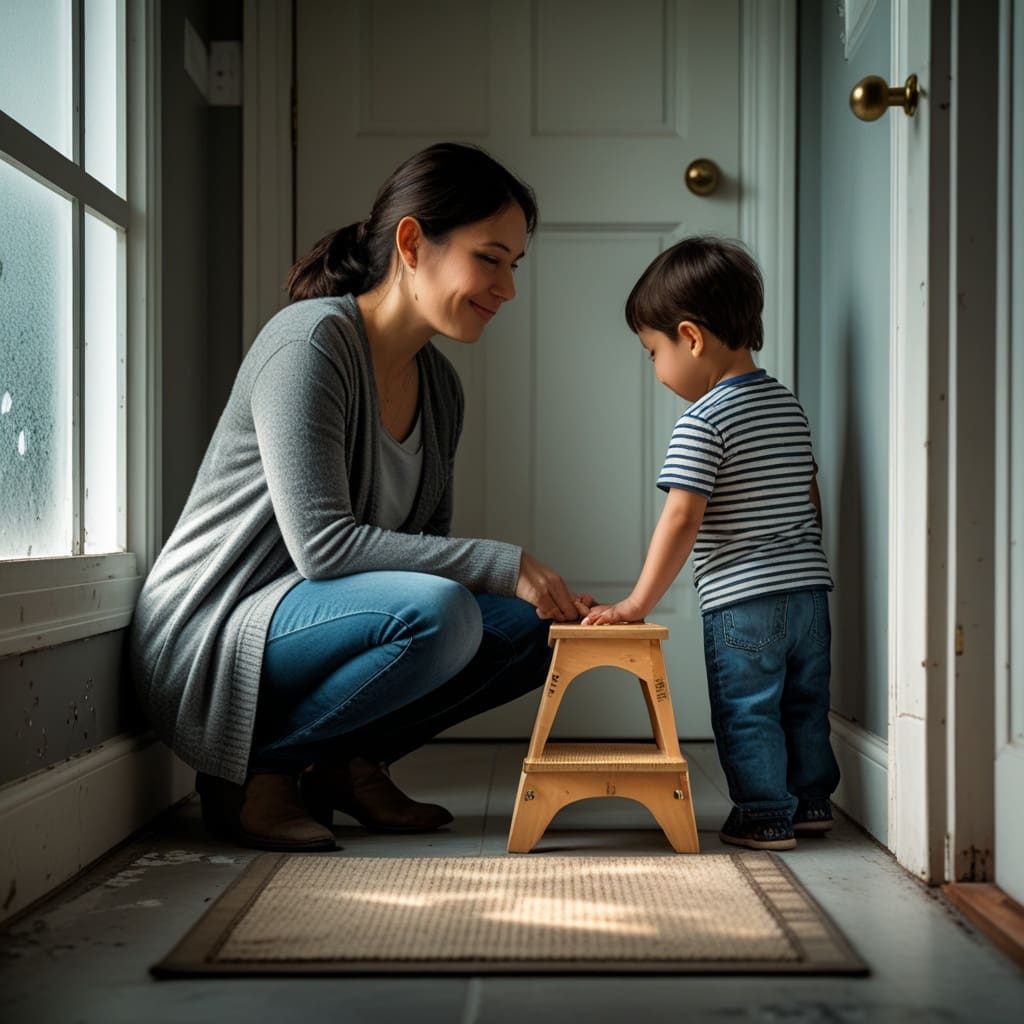 Cover photo showing a parent and young child sitting together on a small step stool near a home bathroom doorway, working through a toileting routine calmly.